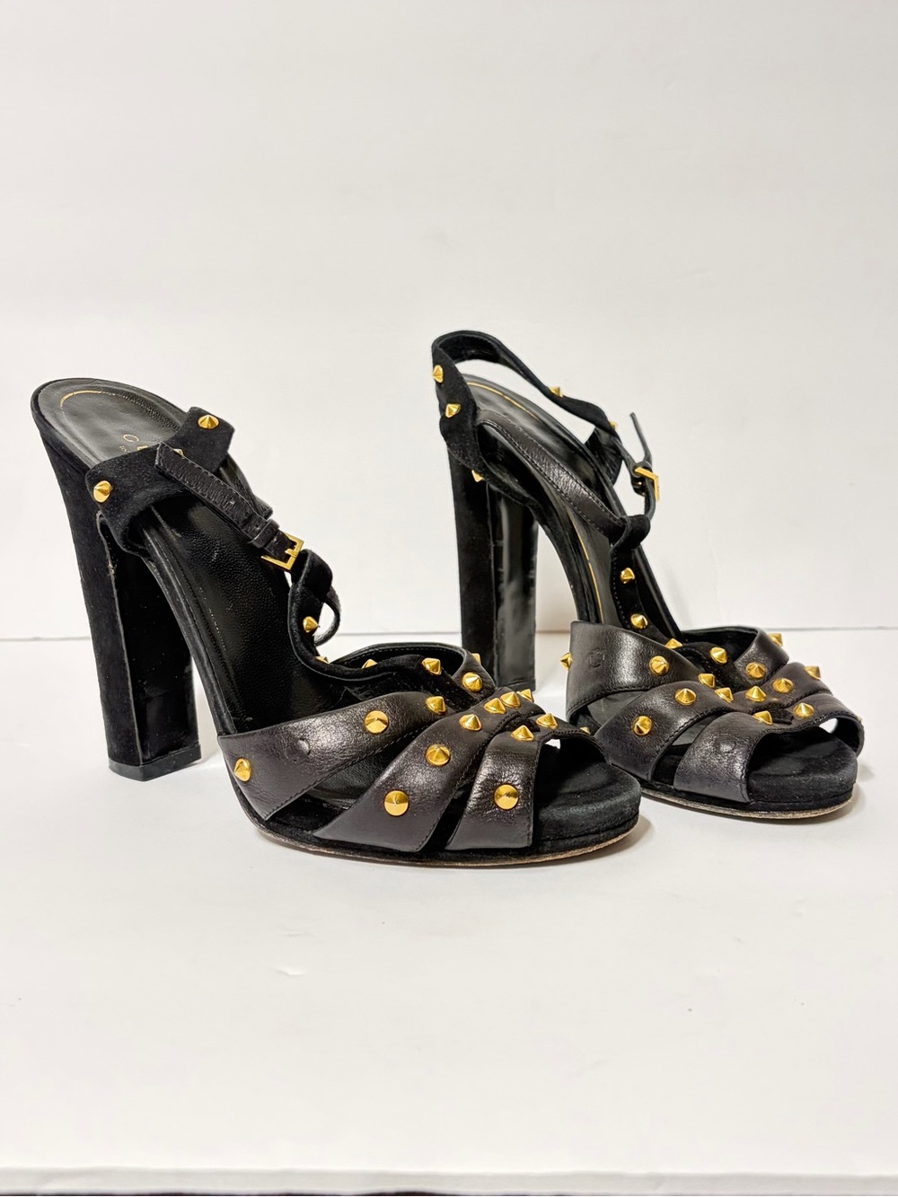Gucci Black Leather Studded Block Heel Ankle T‑Strap Sandals